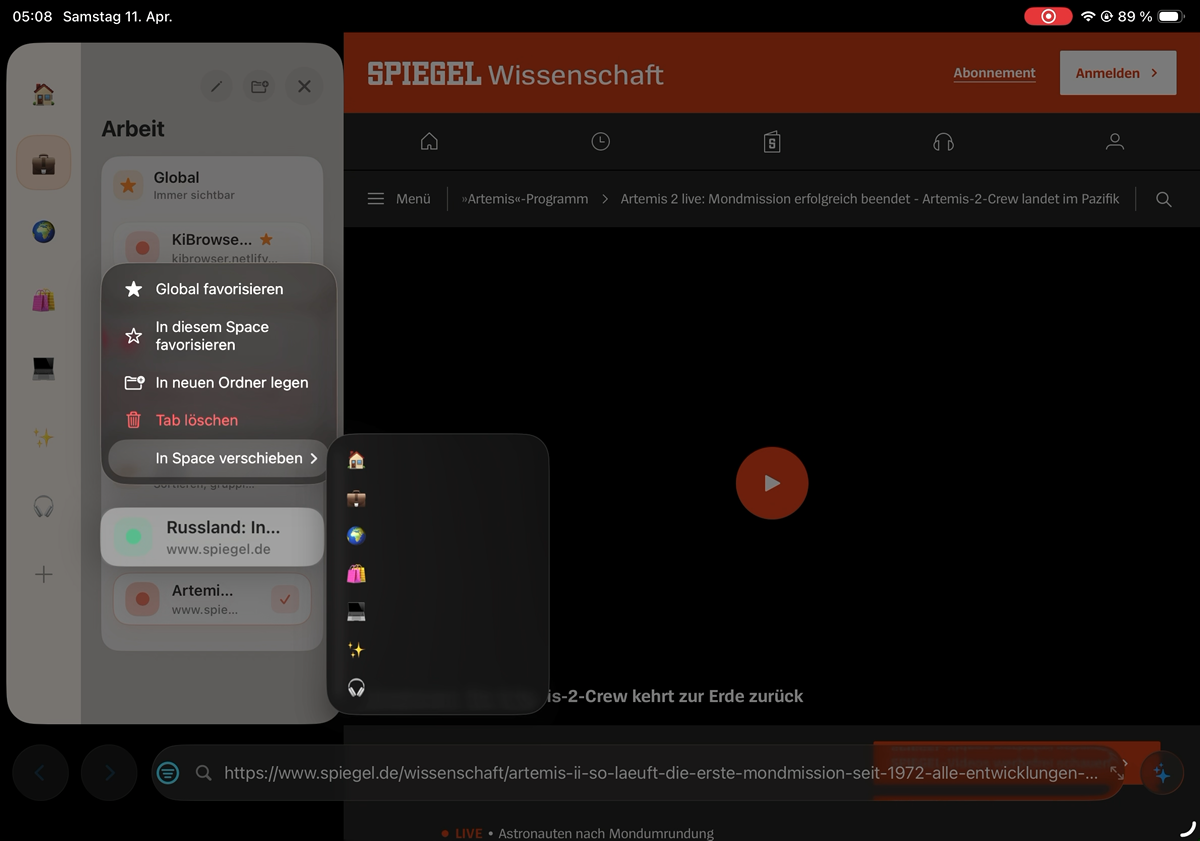 KiBrowser Tabs in Spaces verschieben auf iPhone