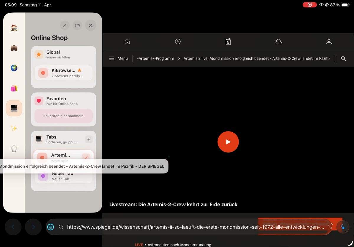 KiBrowser Rooms mit Favoriten und Tabs auf iPhone