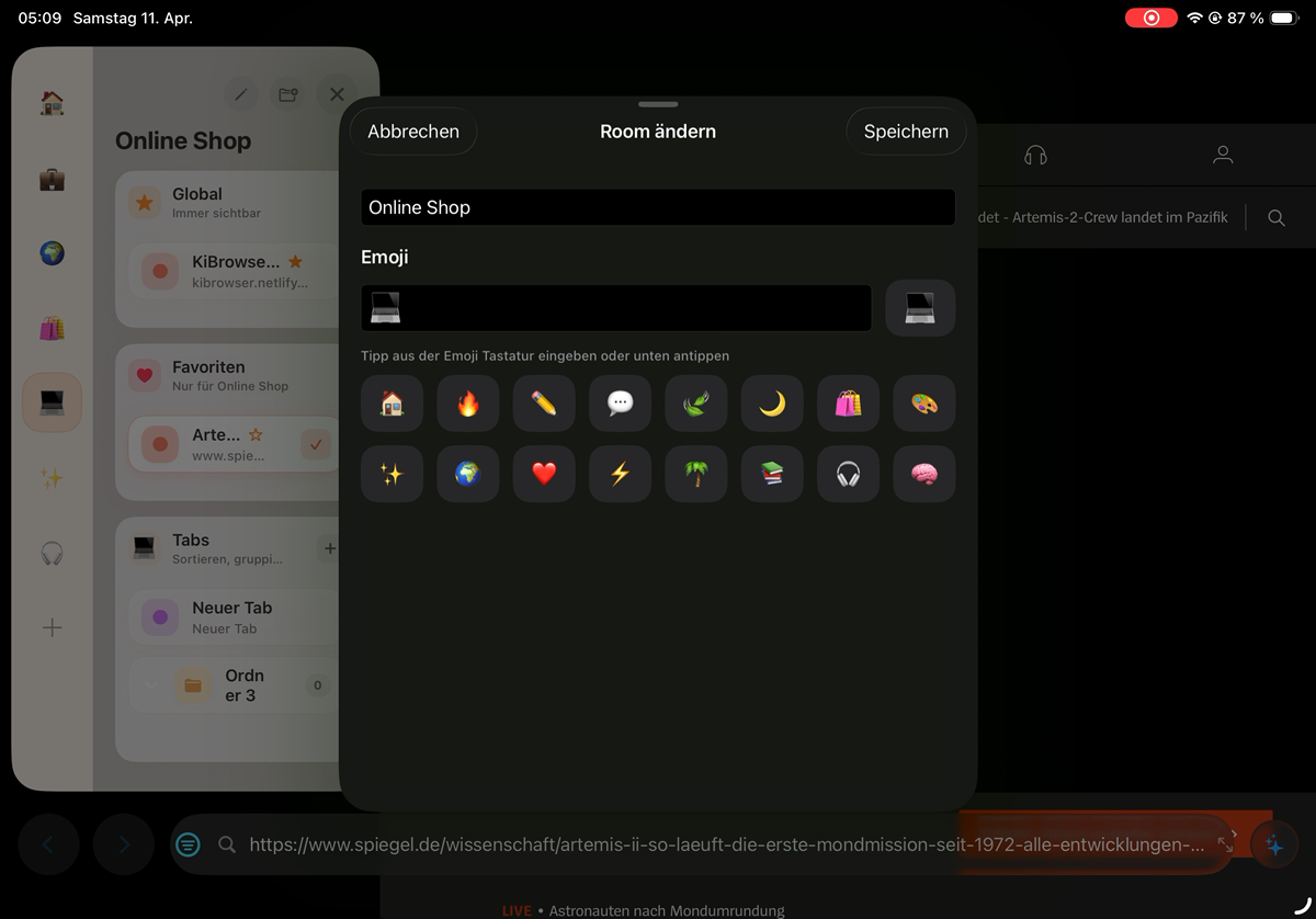 KiBrowser Room bearbeiten mit Namen und Emoji